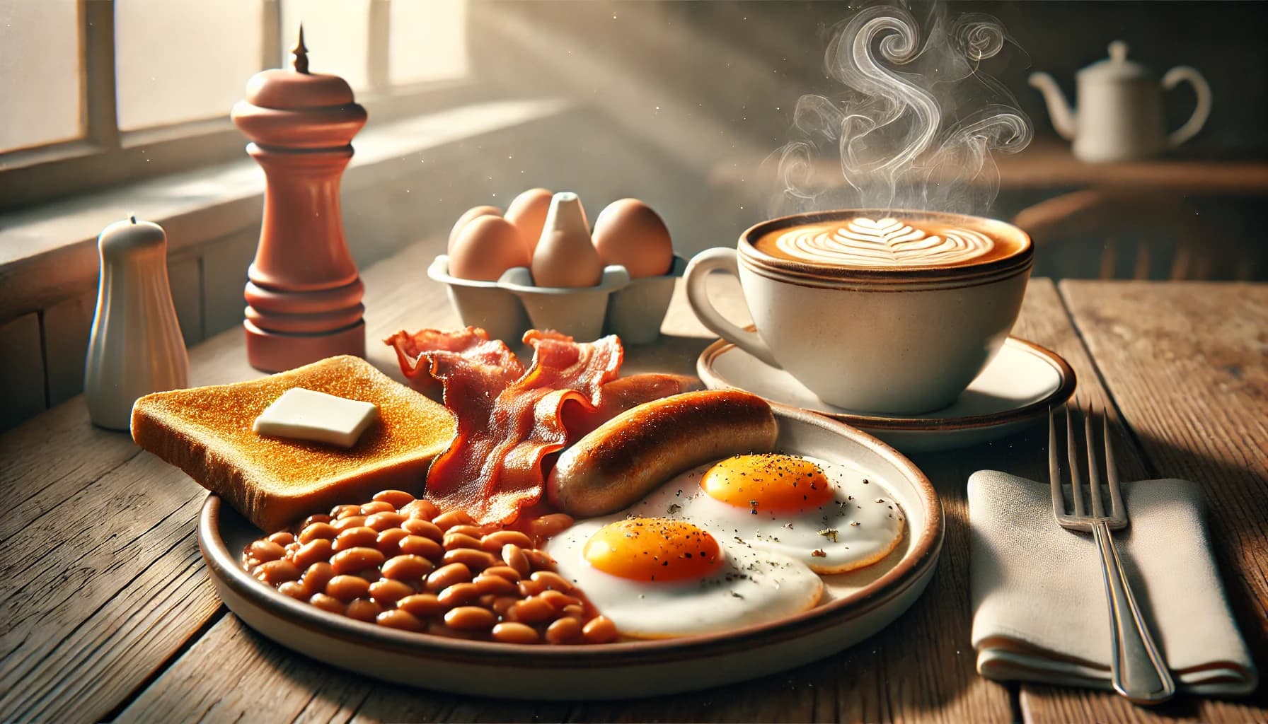 Breakfast and coffee on the table at Halfway Cafe in Sidcup